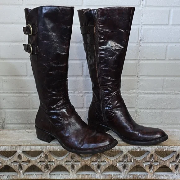 Born Cherry Brown Heeled Knee High Riding Boots Size 8 - Picture 7 of 14